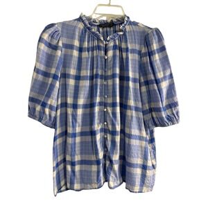 Vineyard Vines Womens Blue Plaid Puff Sleeve Ruffle Neck Blouse L